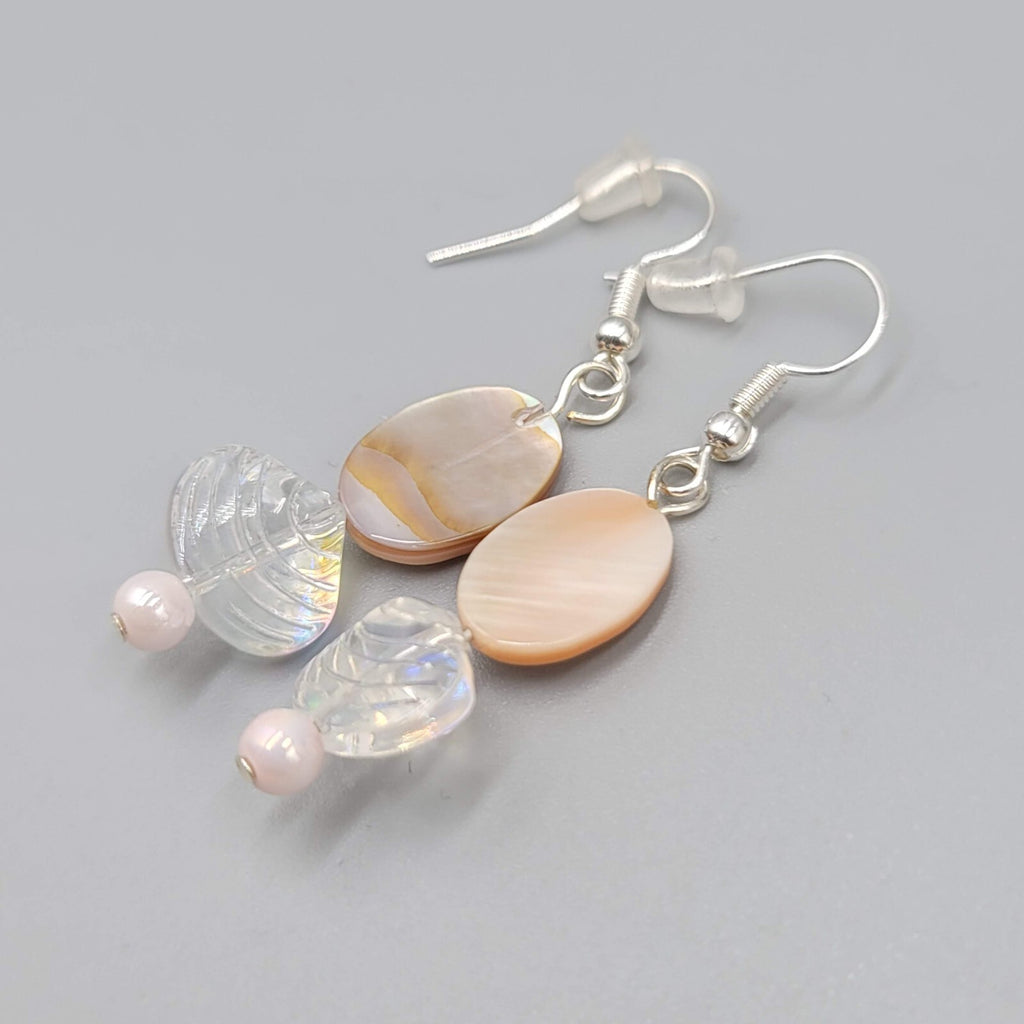 Shell Pierced Earrings Real Shell Glass Bead Dangle Silver tone 1.25"