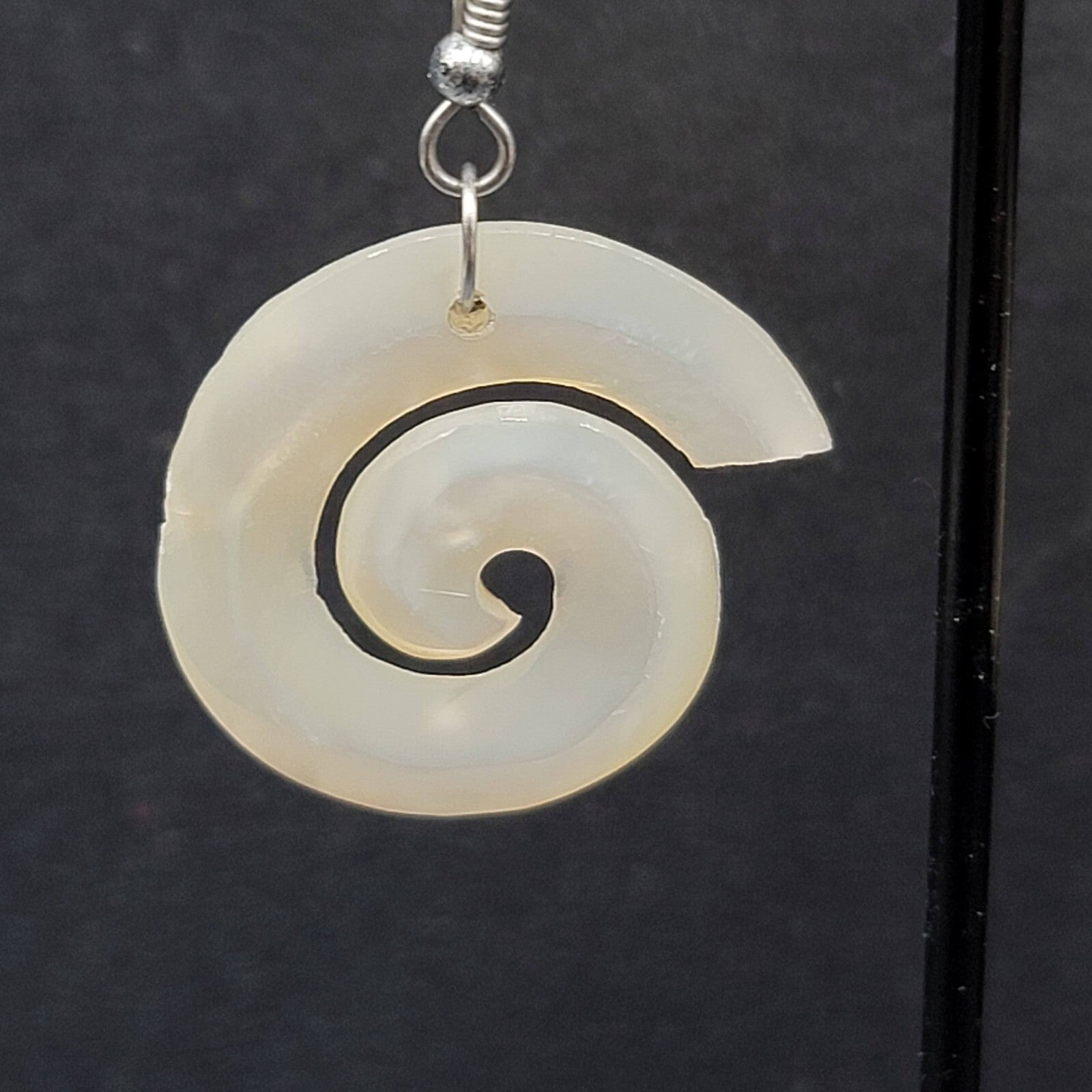 Pierced Earrings Silver tone Mother of Pearl Hand Carved Spirals  1.25"