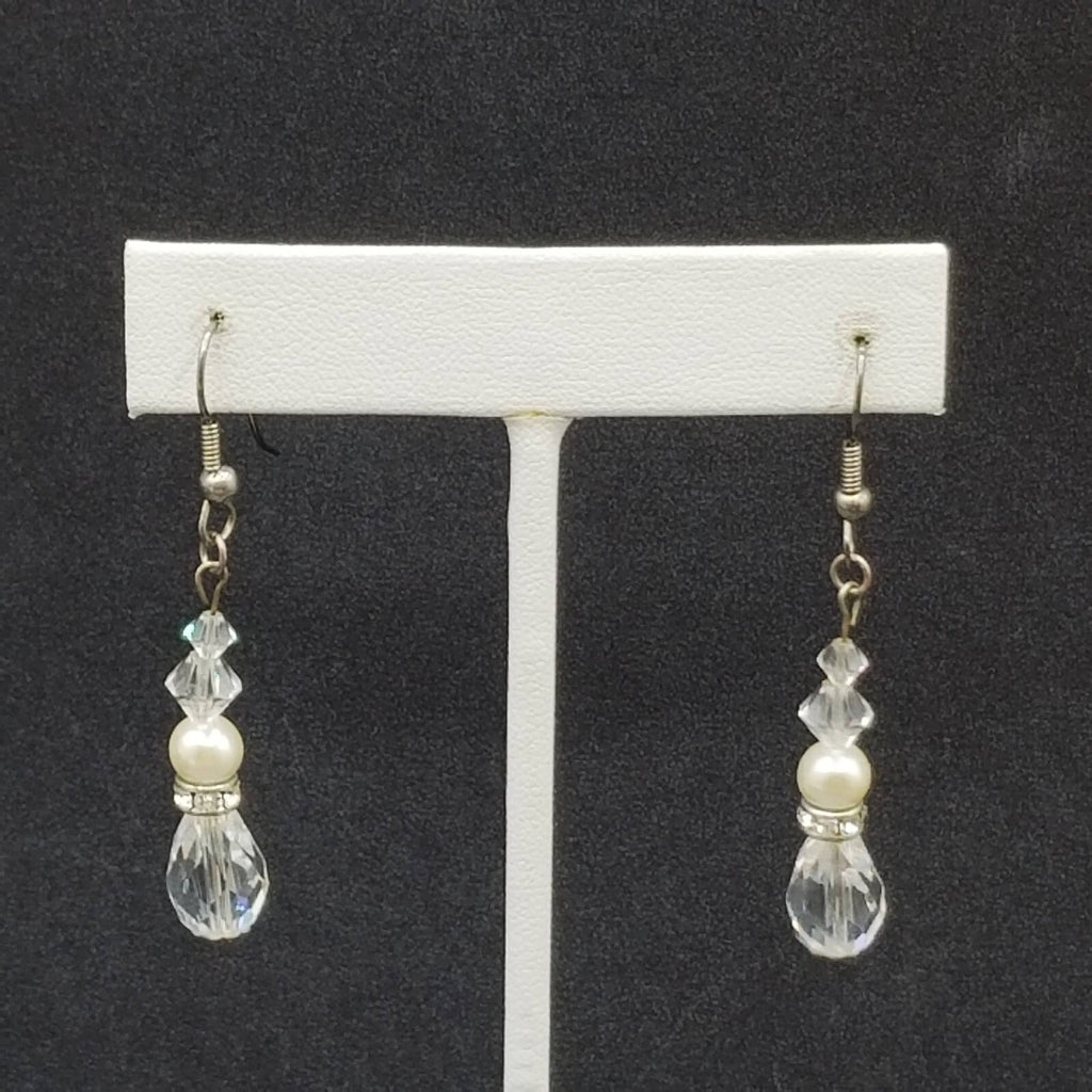 Pierced Earrings Silver tone Faux Pearl Faceted Crystal Bead Dangle 1 1/4"
