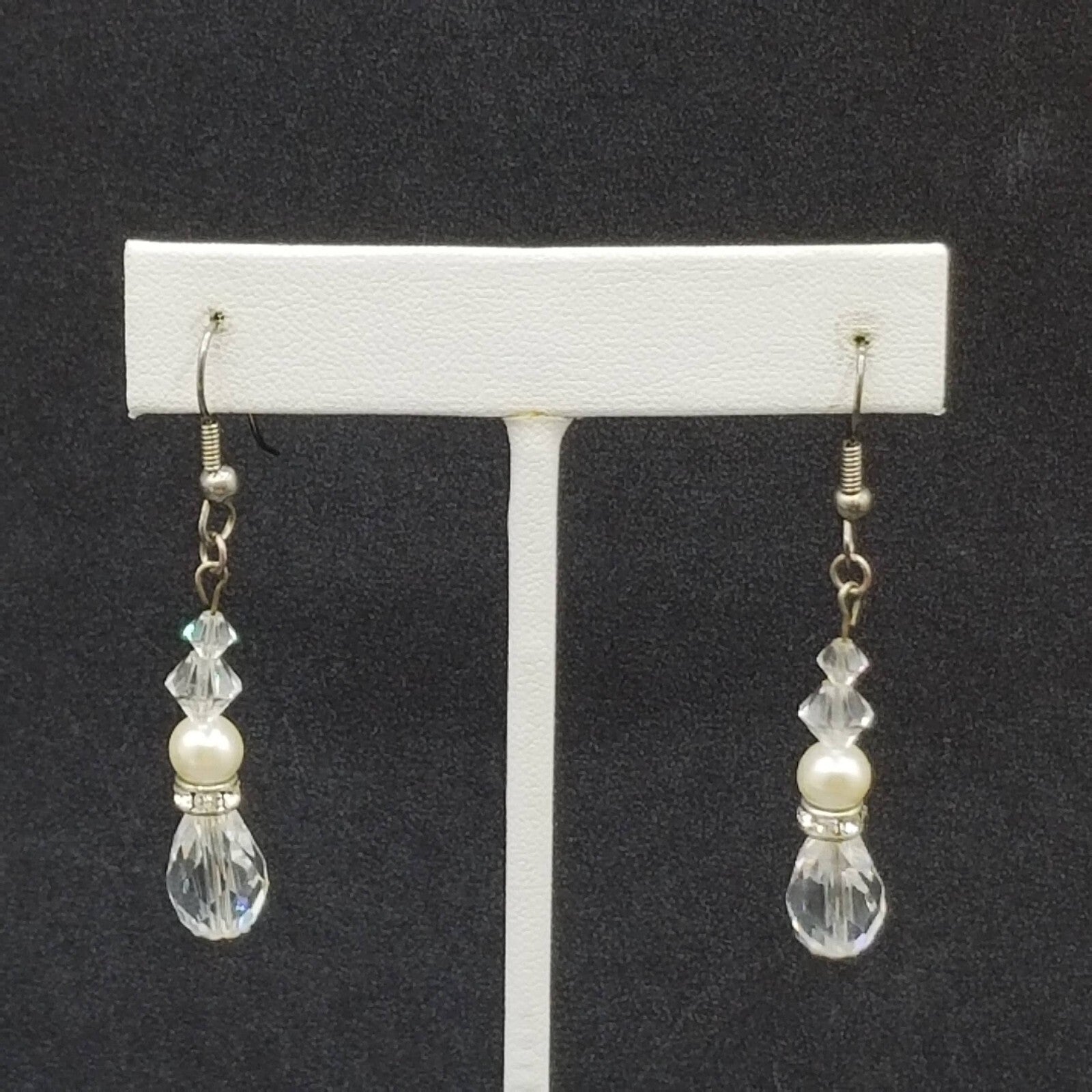 Pierced Earrings Silver tone Faux Pearl Faceted Crystal Bead Dangle 1 1/4"