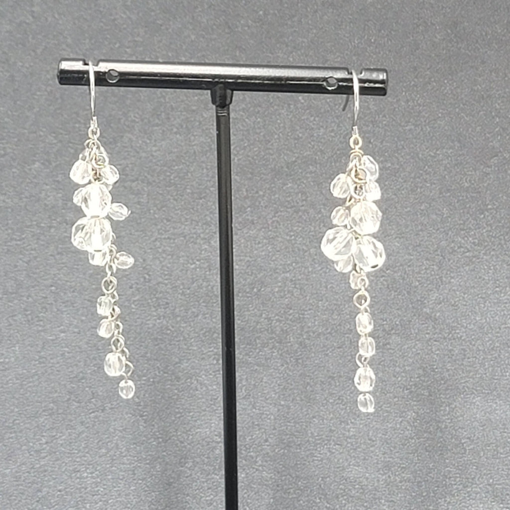 Pierced Earrings Silver tone Clear Bead Cluster Dangle 2.25"