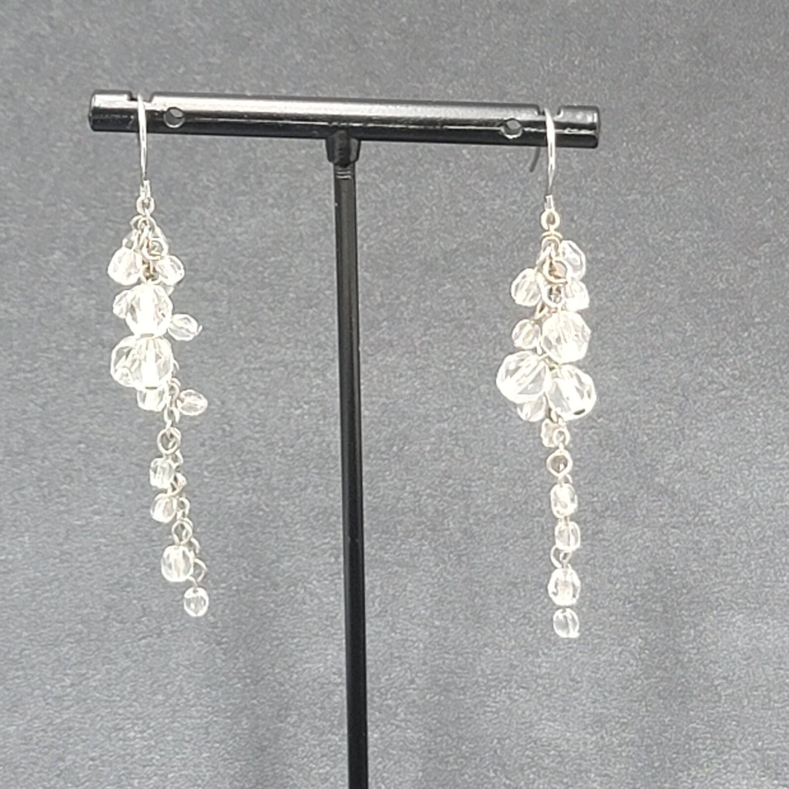 Pierced Earrings Silver tone Clear Bead Cluster Dangle 2.25"