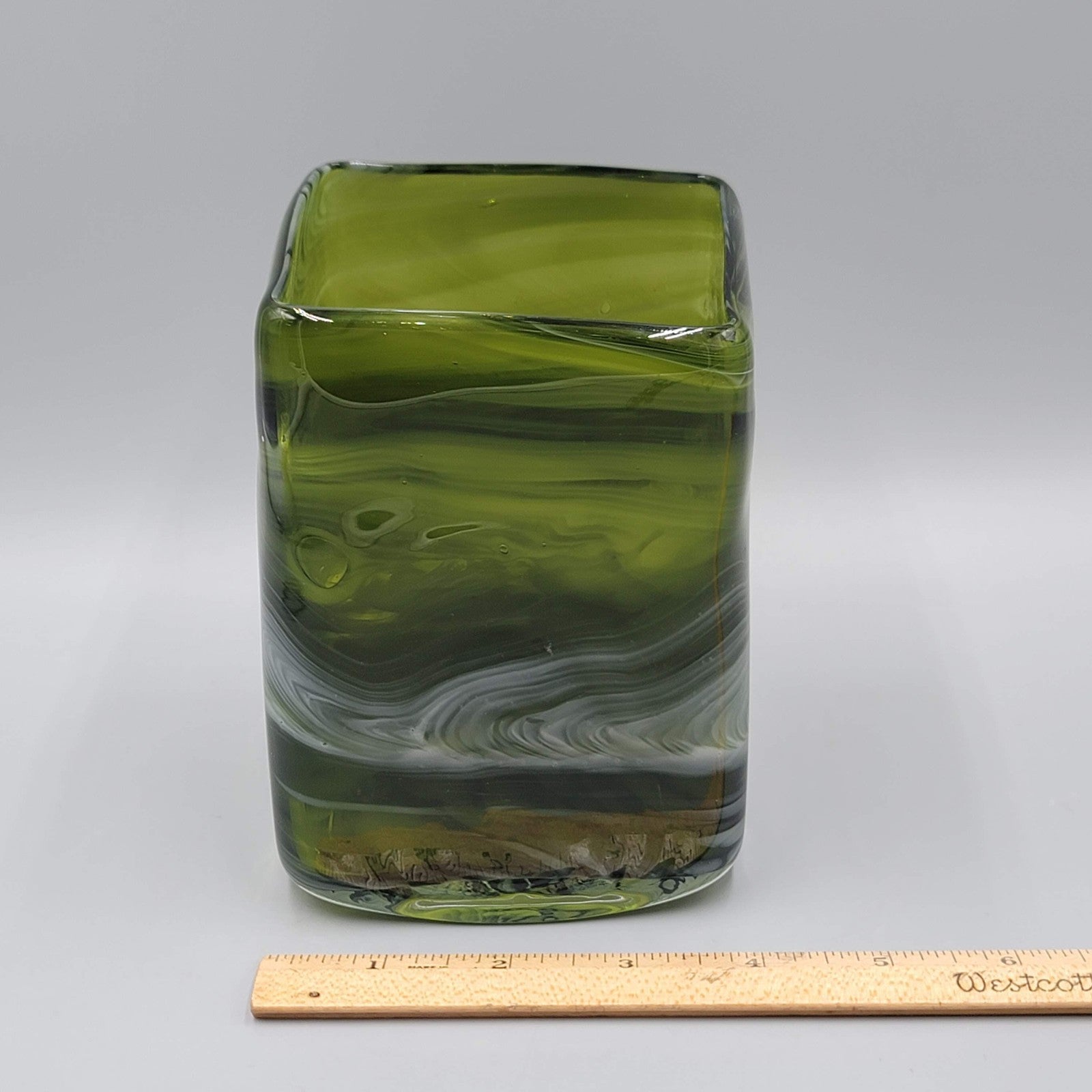 Green White Art Slag Glass Vase Rectangle Square 5 in x 4 in