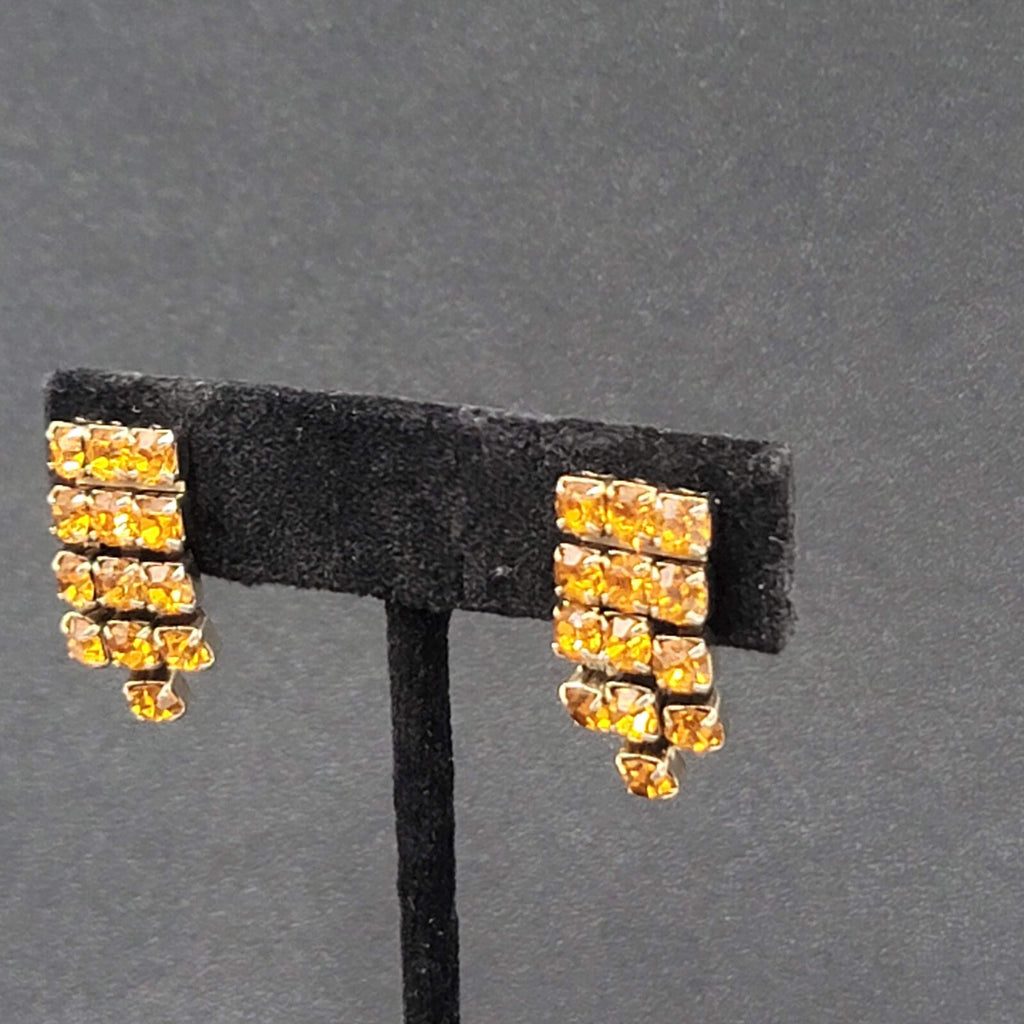 Vintage Clip on Earrings Gold tone Amber Orange Rhinestone Screw Back 1"