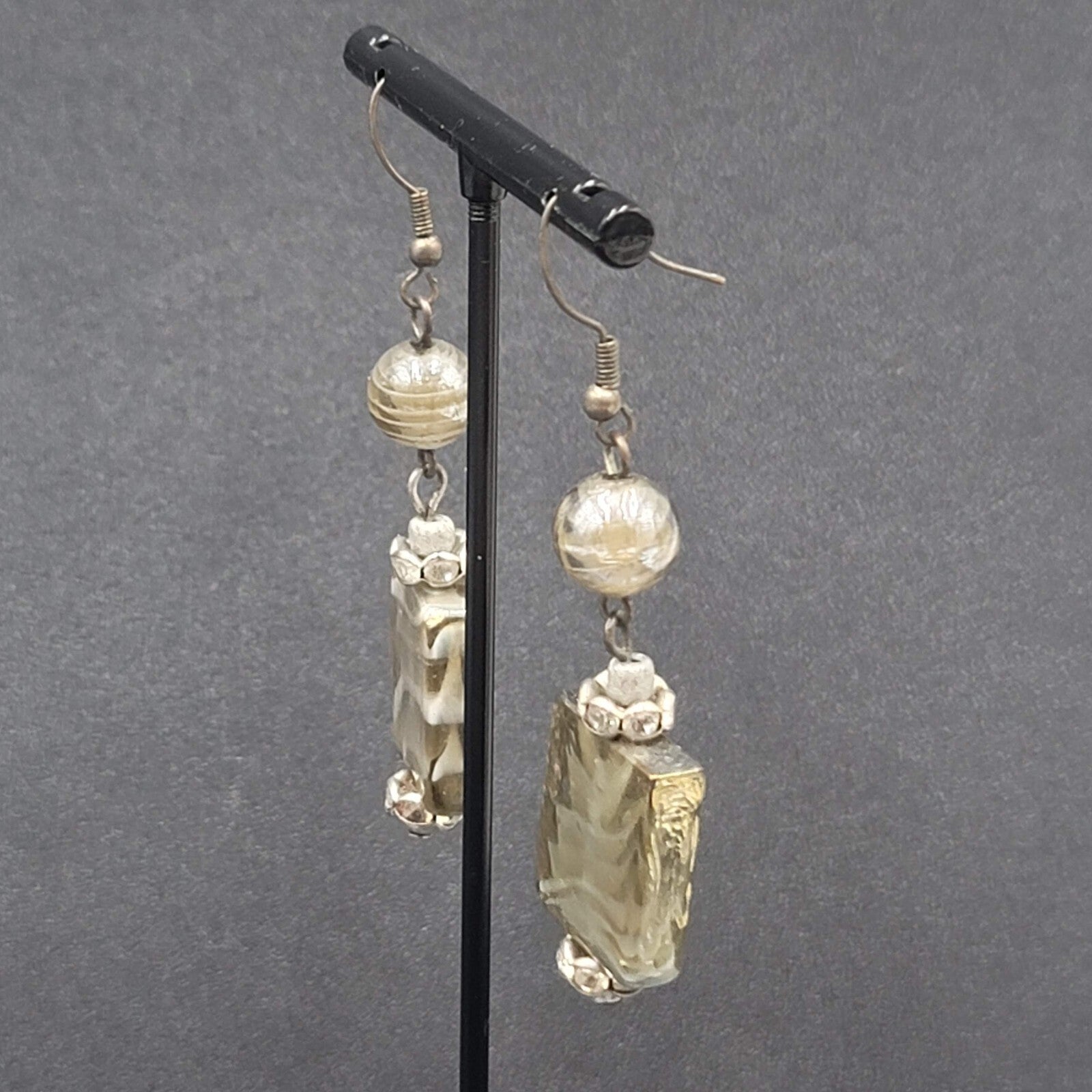 Pierced Earrings Gray White Swirl Art Glass Bead 2"