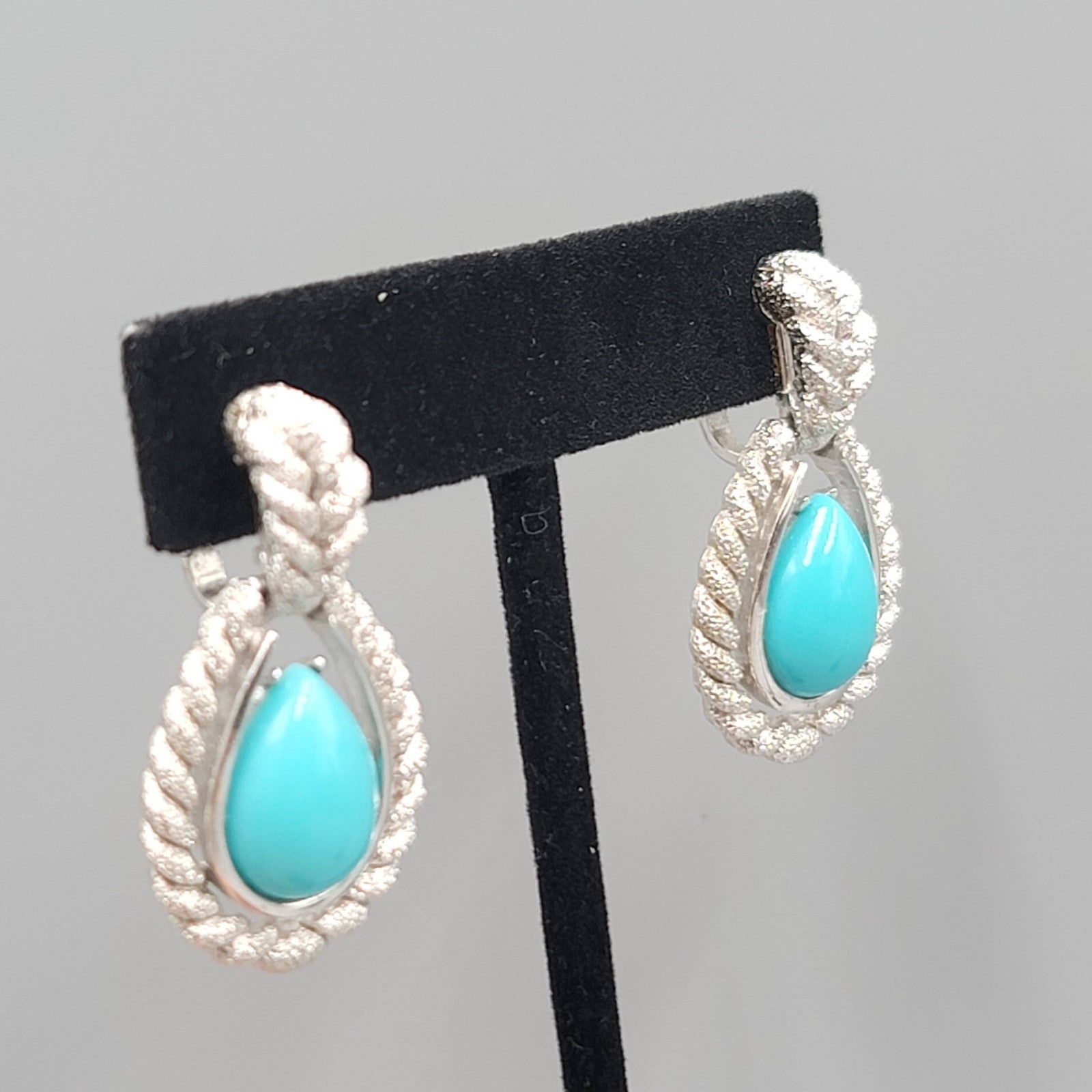 Vintage Avon Clip on Earrings Textured Silver tone Blue Teardrop Dangle 1.5 in