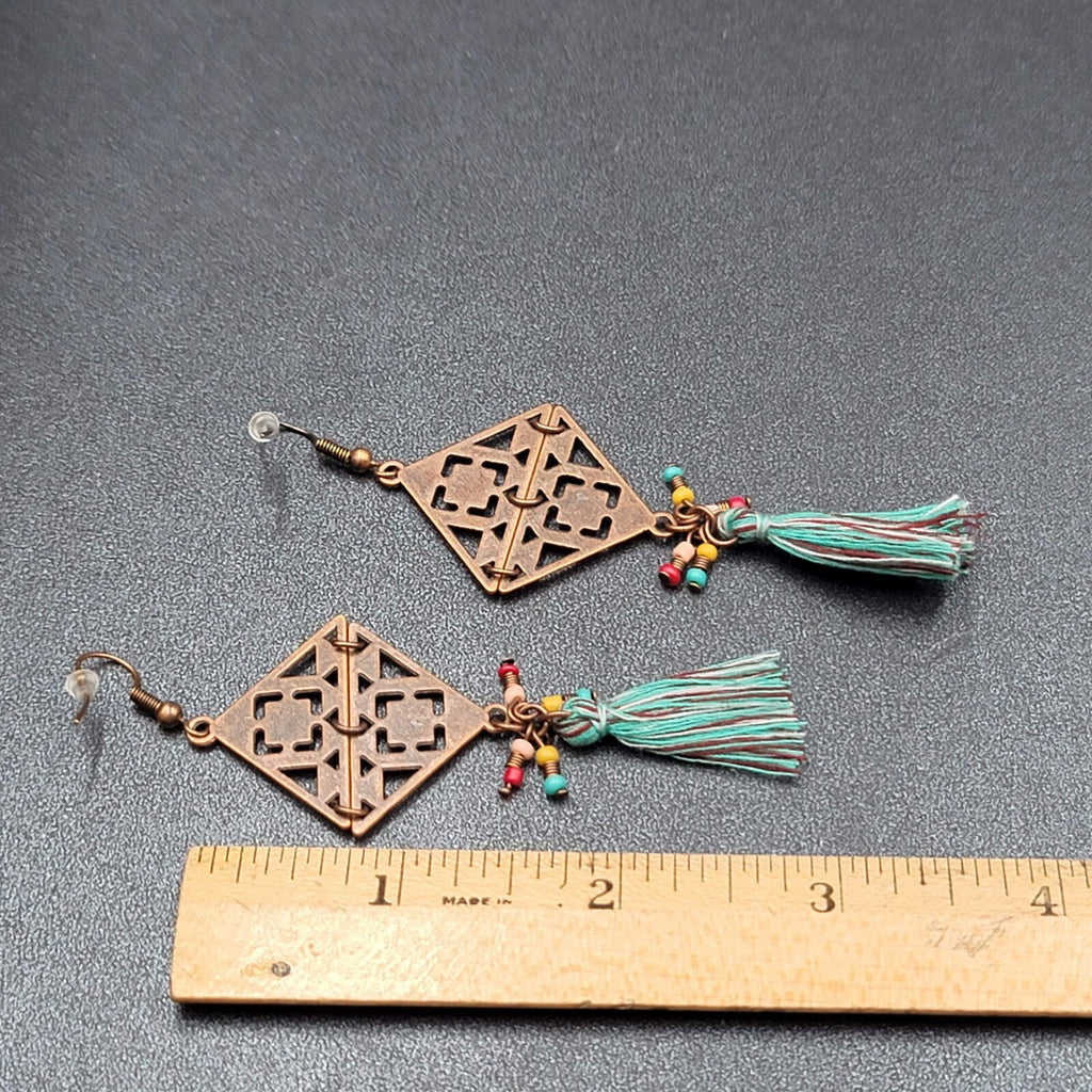 New Boho Pierced Earrings Copper tone Enamel Blue Tassel Long 3"