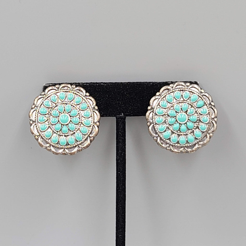 Vintage Southwest Style Clip on Earrings Dark Silver tone Blue Enamel 1 1/8"