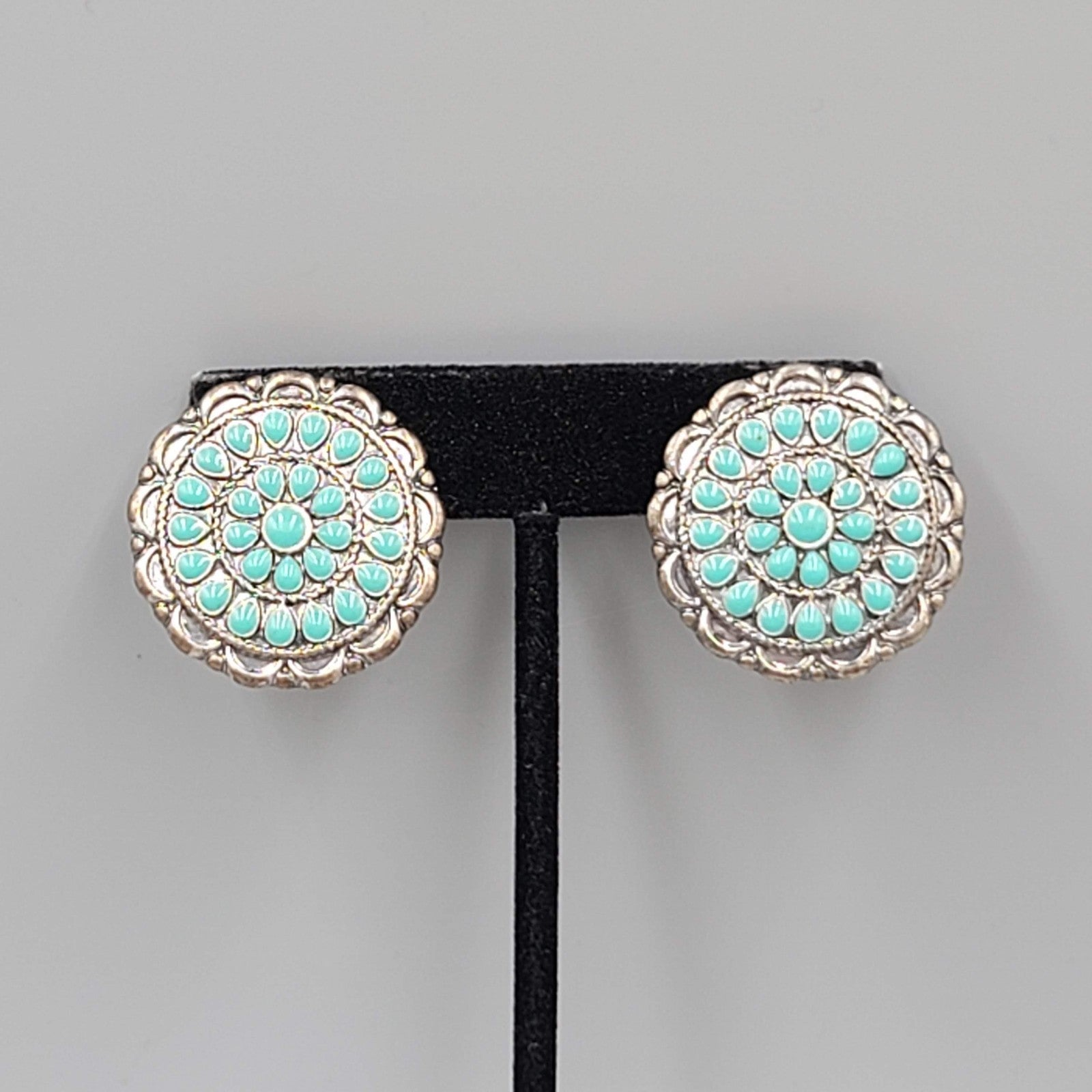 Vintage Southwest Style Clip on Earrings Dark Silver tone Blue Enamel 1 1/8"