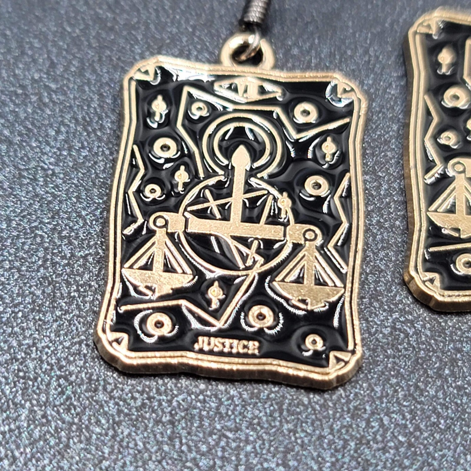 Tarot Card Pierced Earrings JUSTICE Scales Gold tone Black 1"