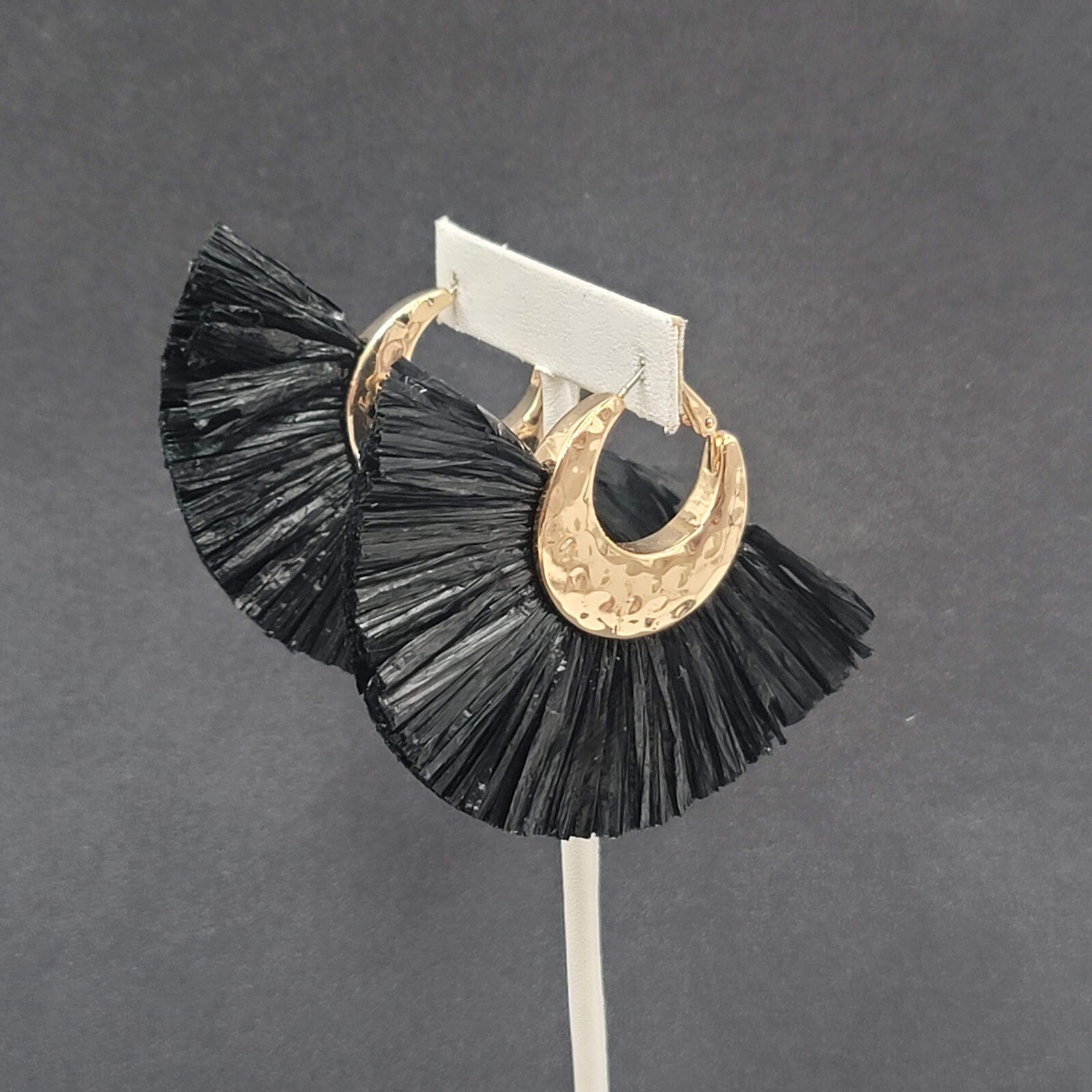 Pierced Earrings Gold tone Black Rattan Tassel Dangle 2.25"x3.25"
