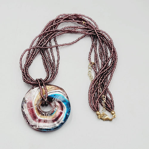 Dichroic Round Glass Pendant Necklace Seed Bead 6 Strand 20"+