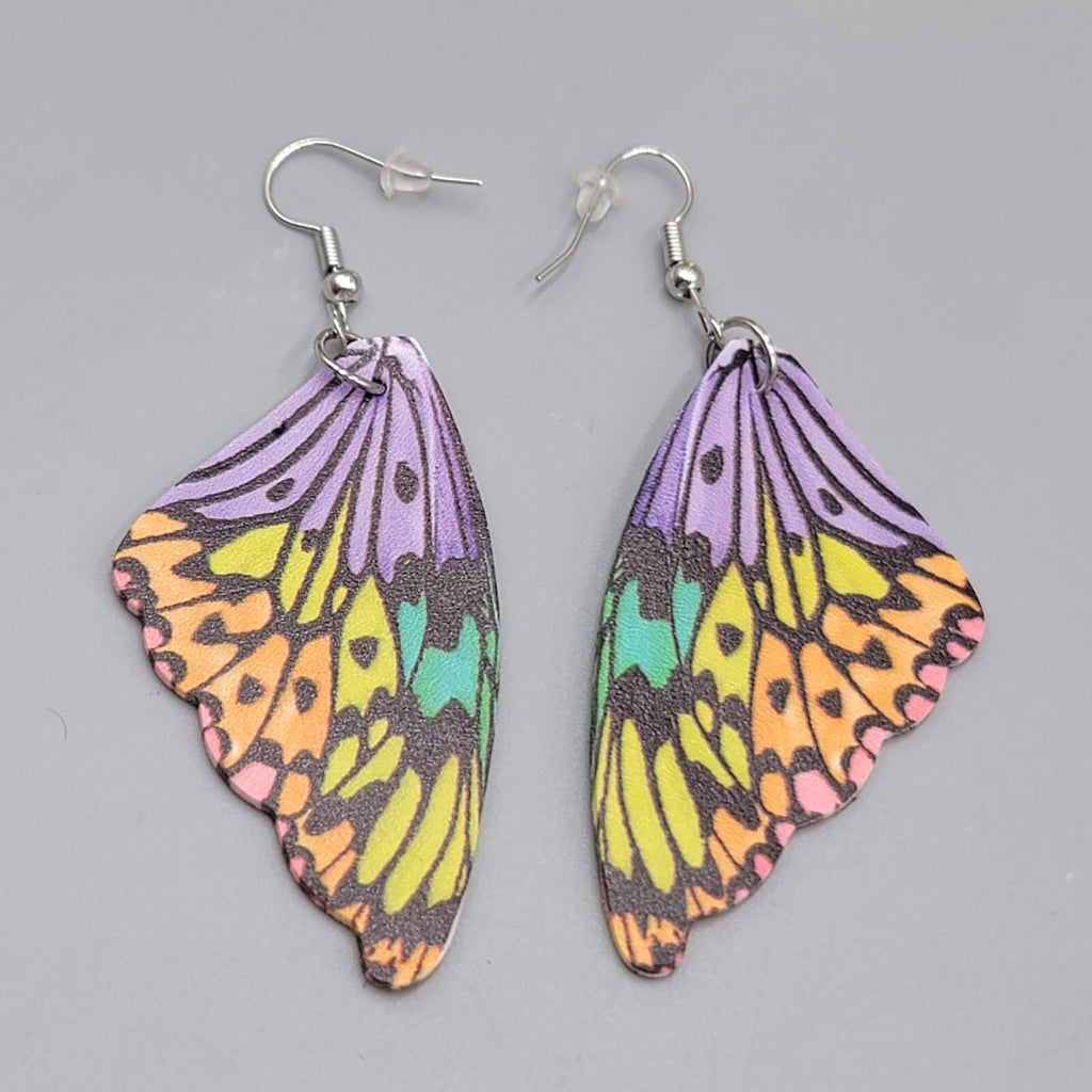 Butterfly Wing Pierced Earrings Purple Yellow Orange Statement Dangle 2.25"