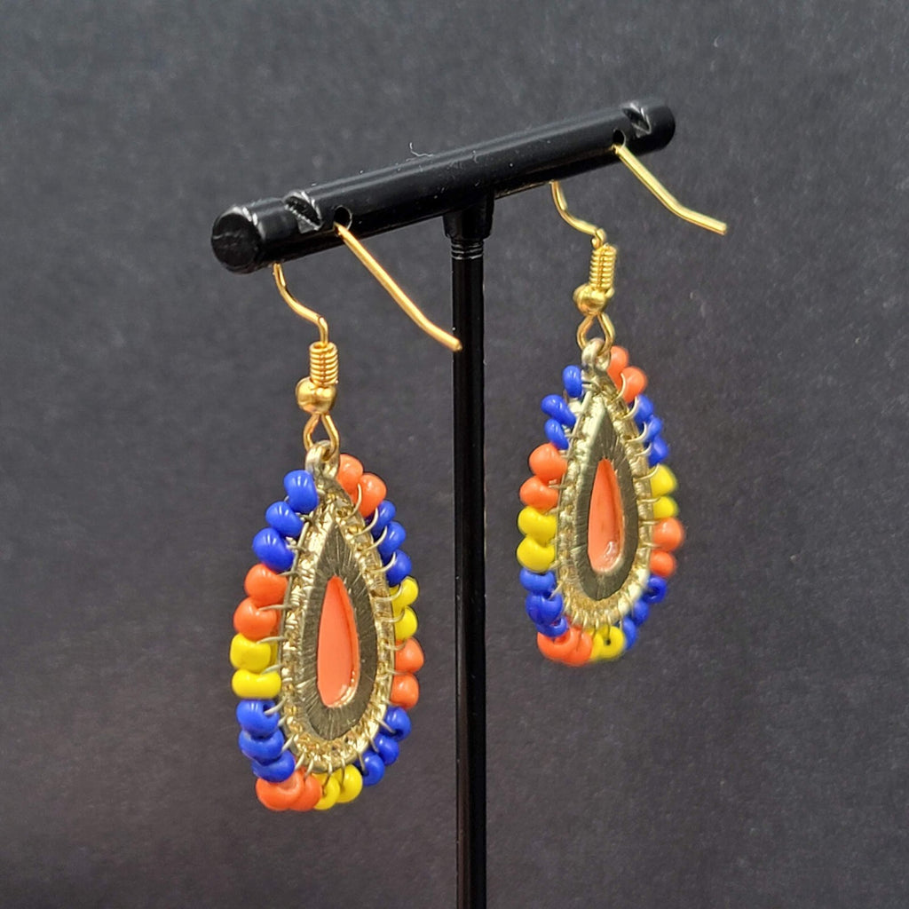 Pierced Earrings Gold tone Orange Teardrop Multicolor Beads 1 1/8"