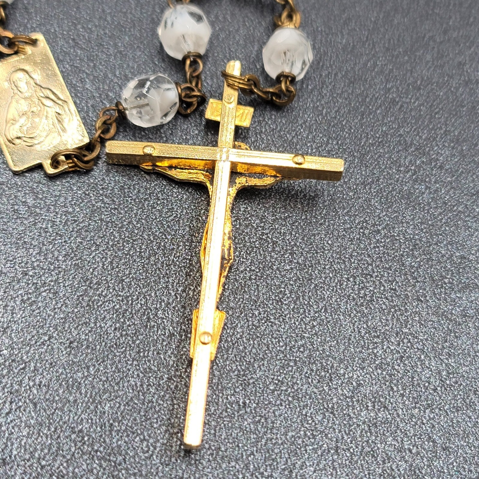 Vintage White Clear Glass Bead Catholic Rosary Crucifix Gold tone
