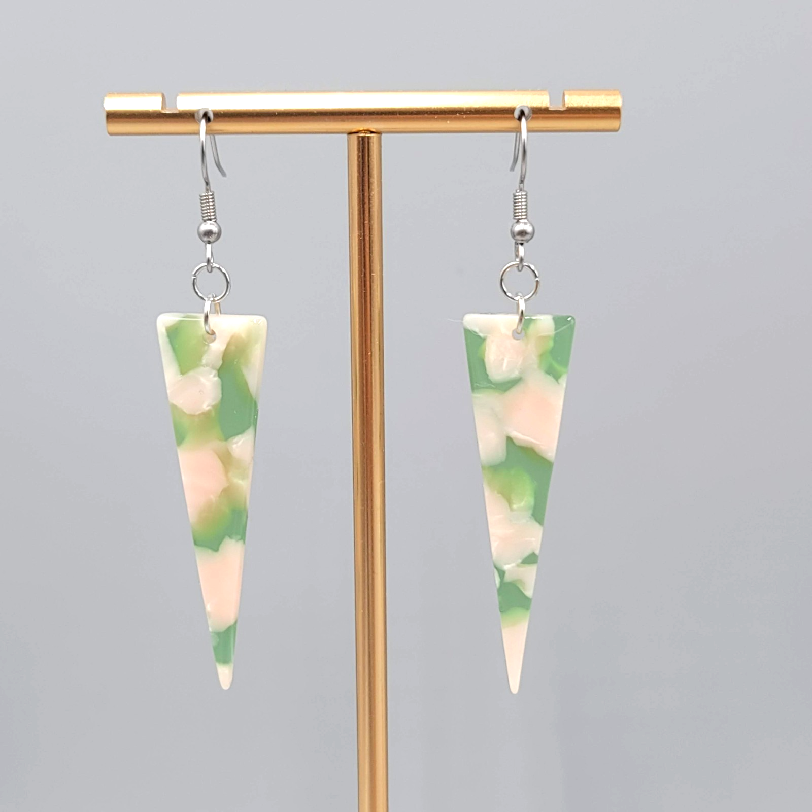 Pink Green Resin Triangle Pierced Earrings Silver tone Dangle  2 in