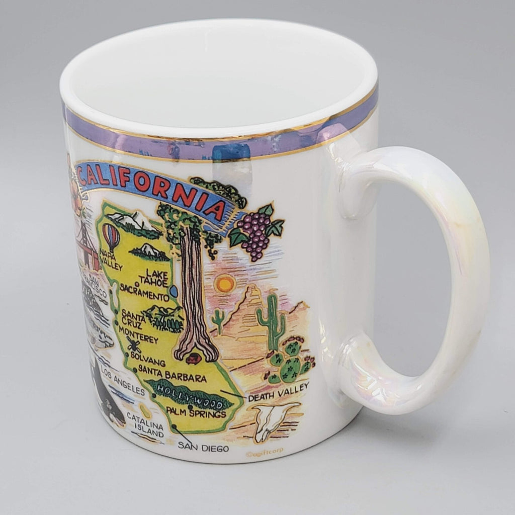 Vintage California Coffee Mug Map Souvenir Iridescent Glaze