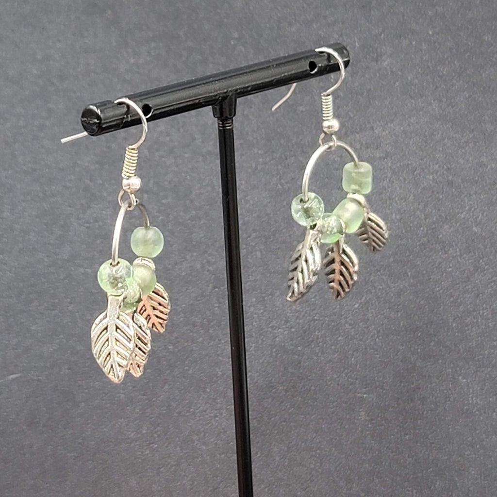 Pierced Earrings Silver tone Green Glass Bead Leaves Dangle  1.25"