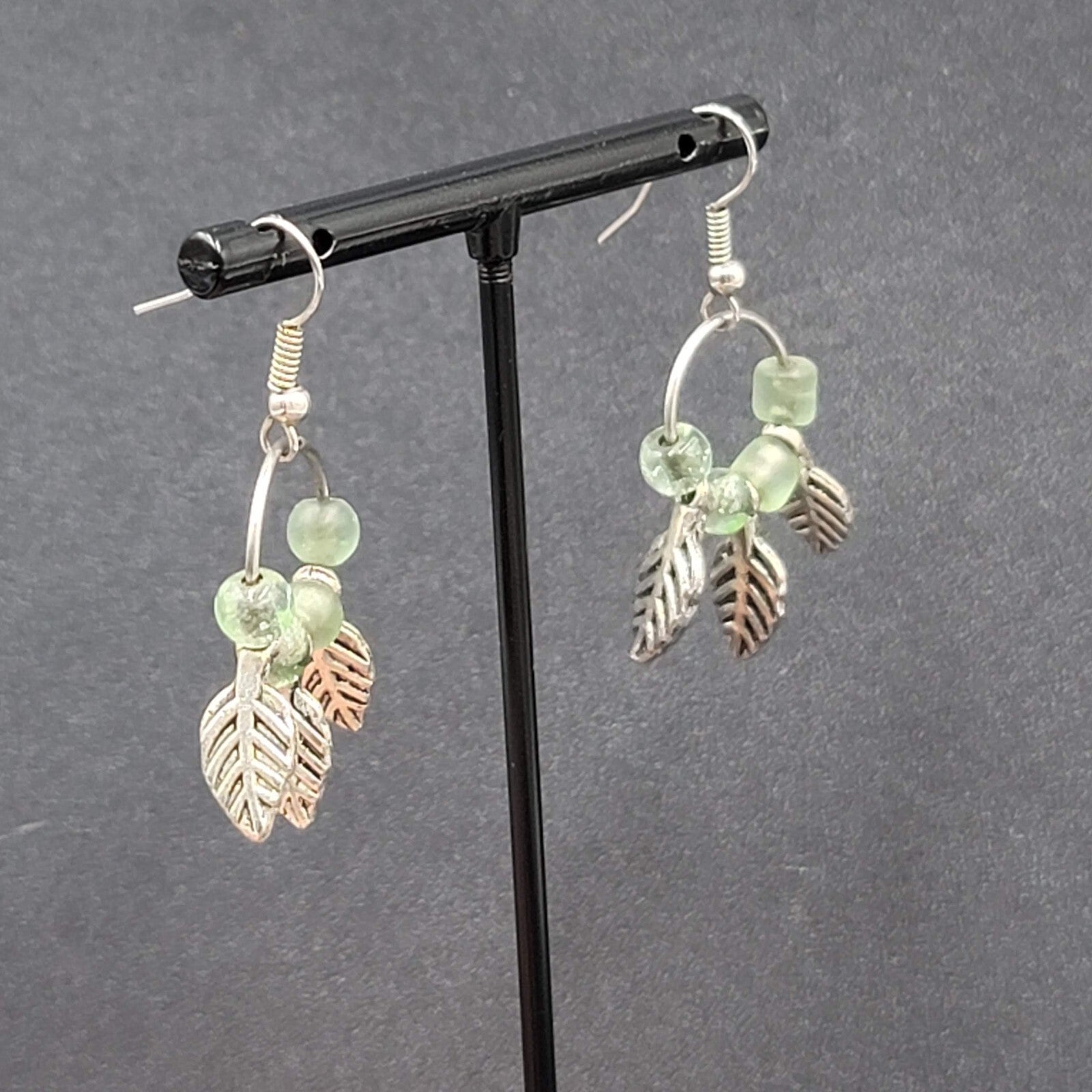 Pierced Earrings Silver tone Green Glass Bead Leaves Dangle  1.25"