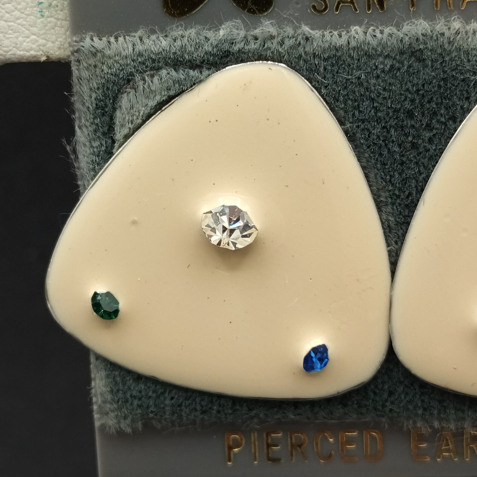 Vintage Pierced Earrings White Enamel Blue Clear Crystal Accent Triangle  1"