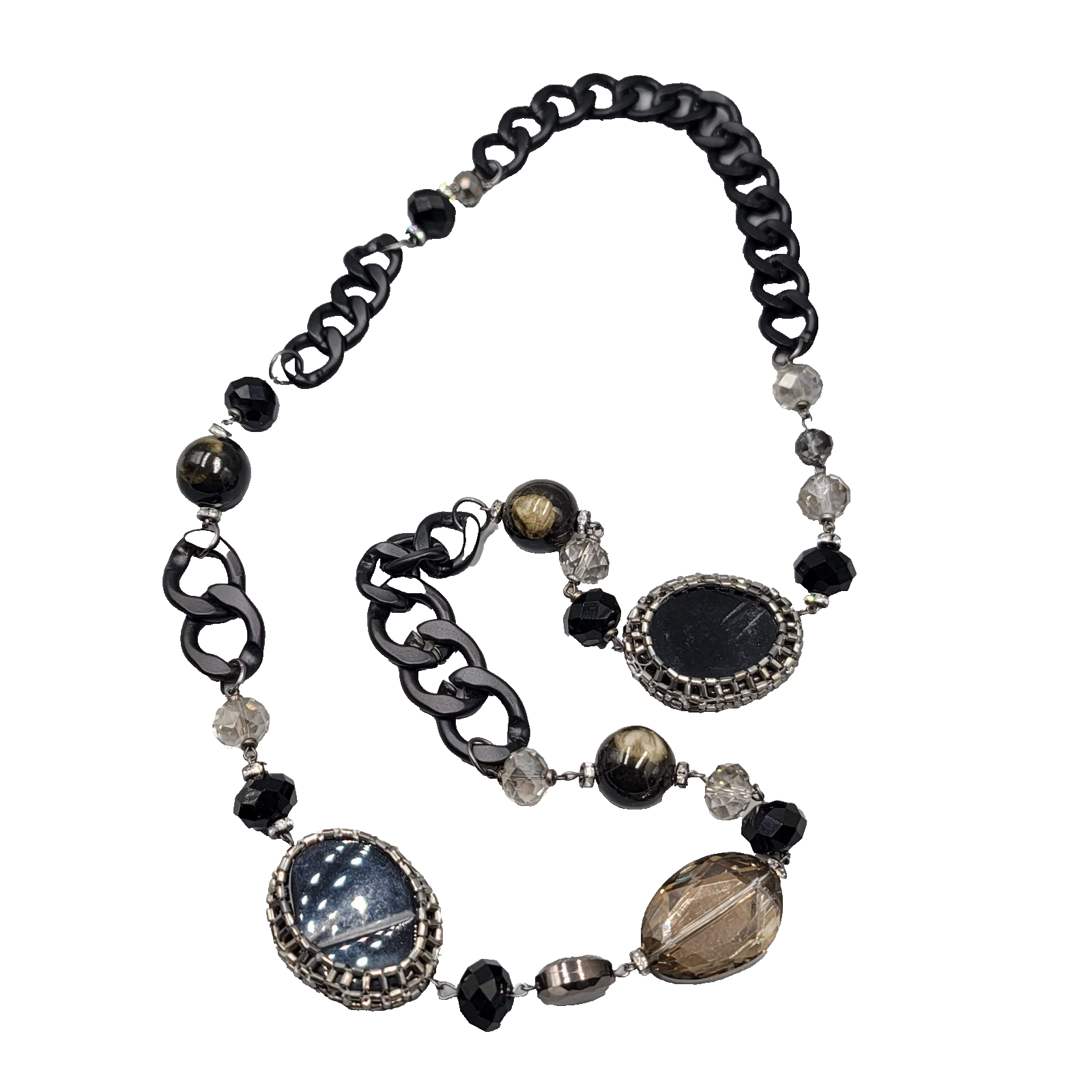 Large Statement Black Metal Eclectic Stone Beads Necklace 36 in