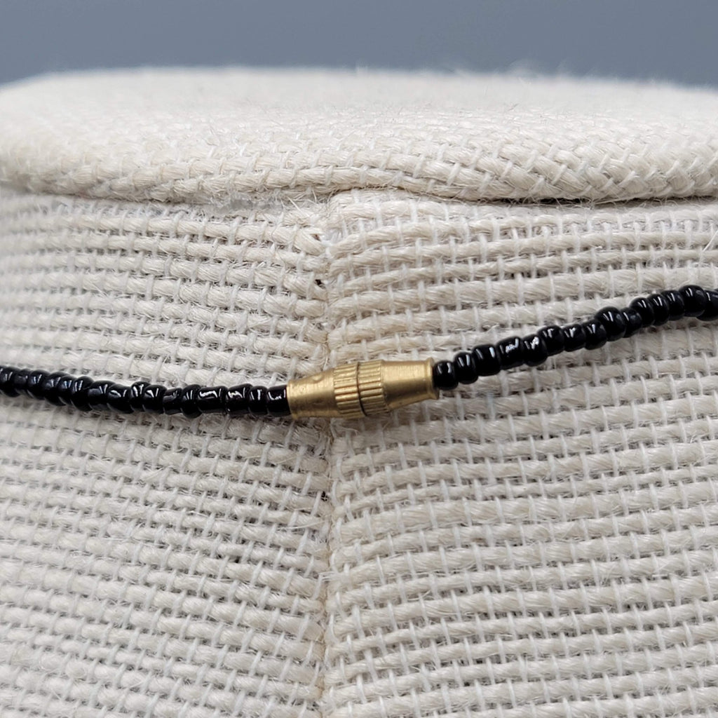 Hand Carved Leaf Pendant Necklace Black Seed Bead 16"