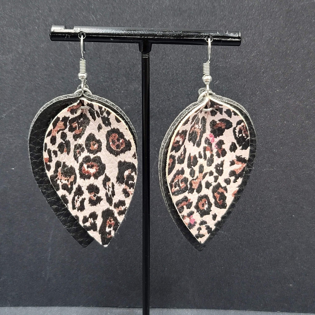 Pierced Earrings Faux Leather Leopard Print Layered Dangle 2.25"