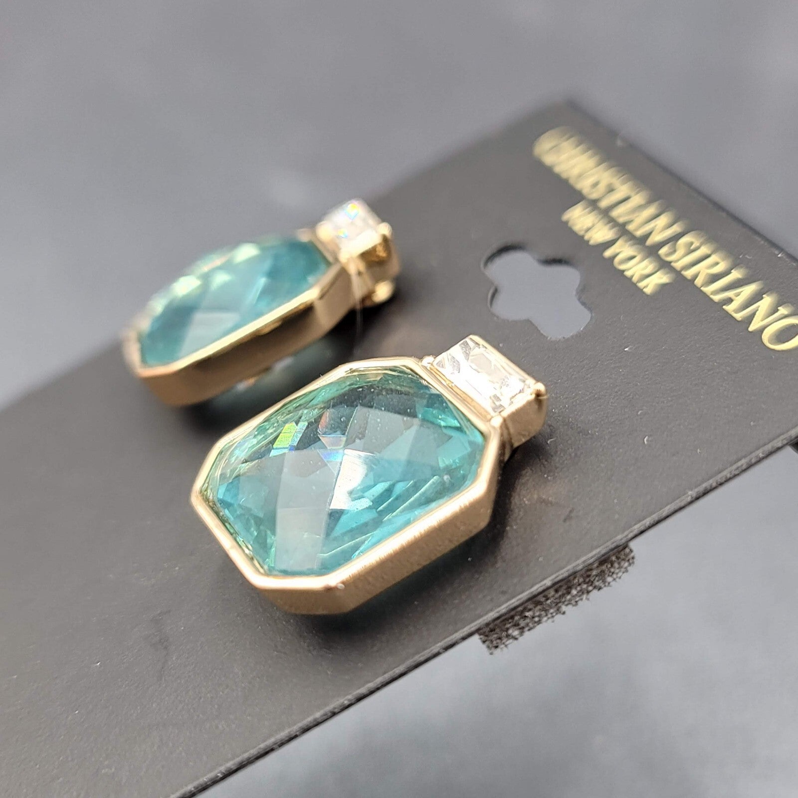 Christian Siriano New York Clip on Earrings Gold Plated Faceted Light Blue Glass