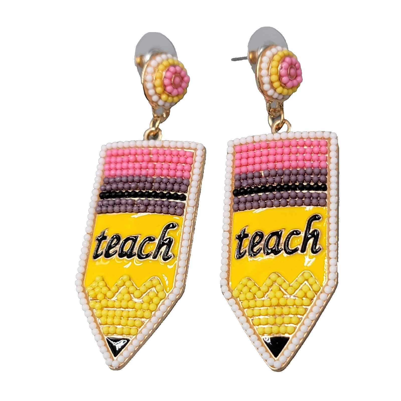 Teach Statement Pencils Pierced Earrings Gold tone Dangle Teacher 2.75"