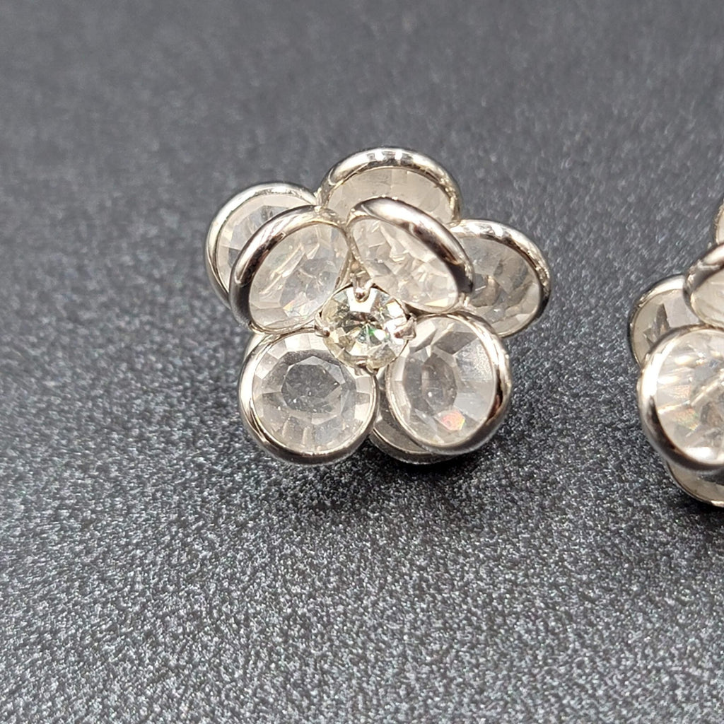 Flower Pierced Earrings Silver tone Clear Faceted Glass Studs 5/8"