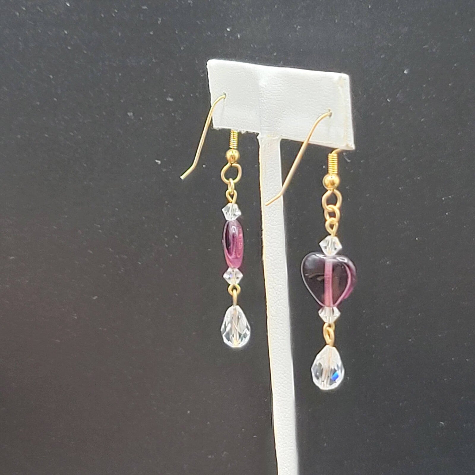 Pierced Earrings Gold tone Purple Glass Heart Bead Clear Crystals 1.5"