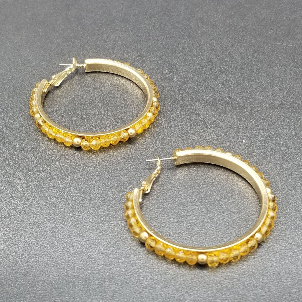 Pierced Earrings Gold tone Faceted Beaded Hoops 2"