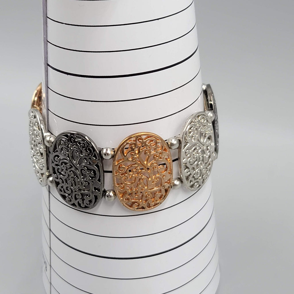Tricolor Elastic Panel Bracelet Silver tone Gold tone Black Metal 7"