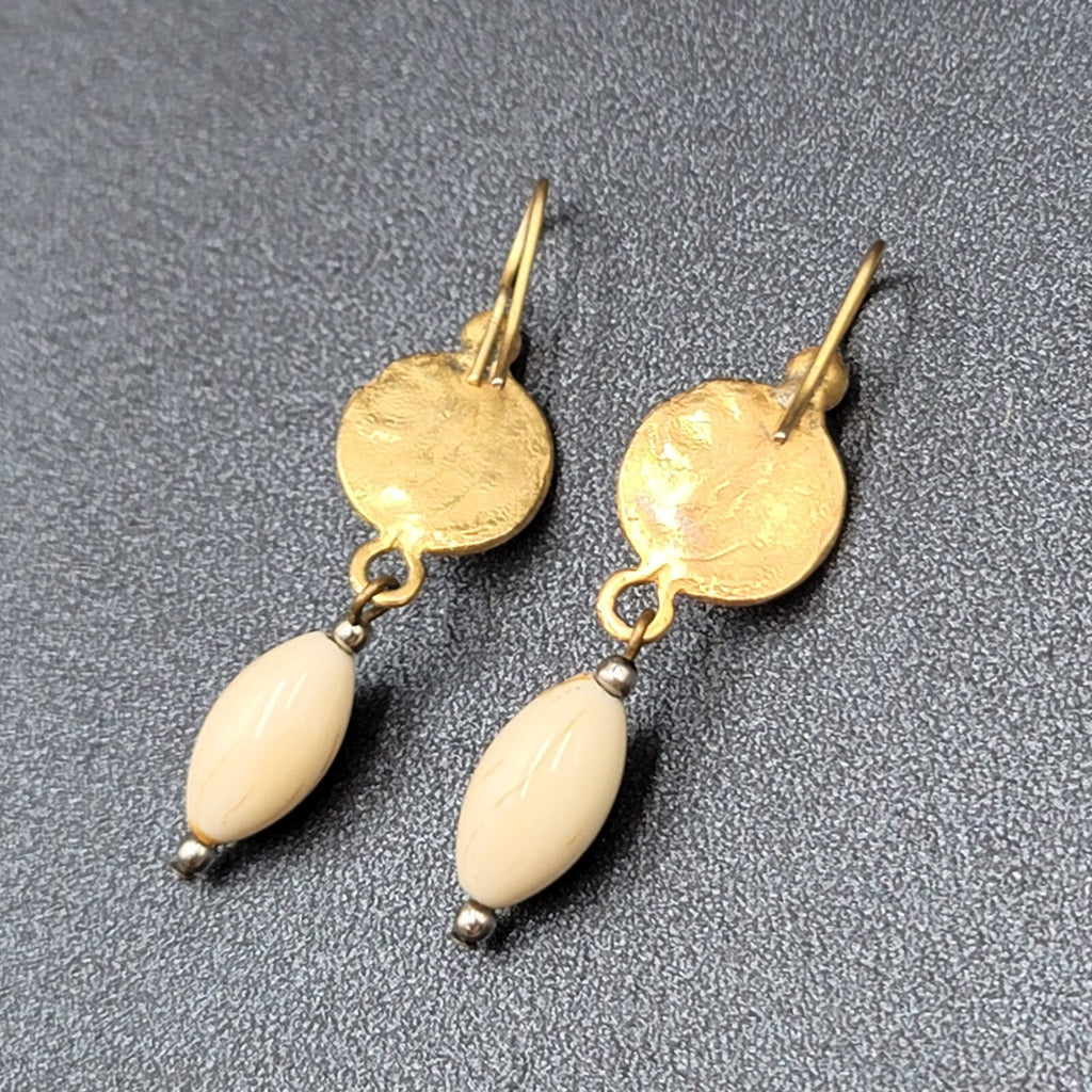 Pierced Earrings Brushed Gold Plated White Bead Dangle 1.5"