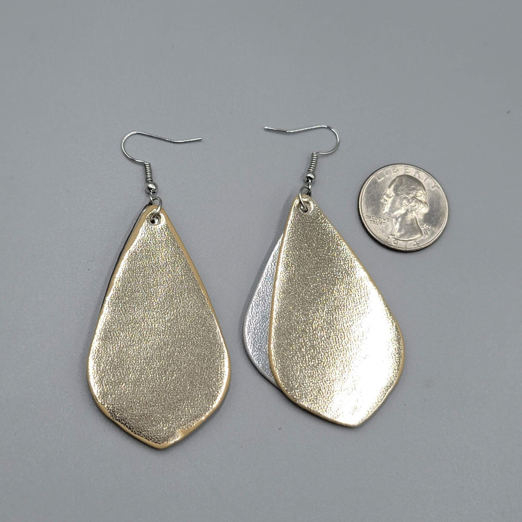 Pierced Earrings Triple Layer Faux Leather Metallic Dangle 2.5"