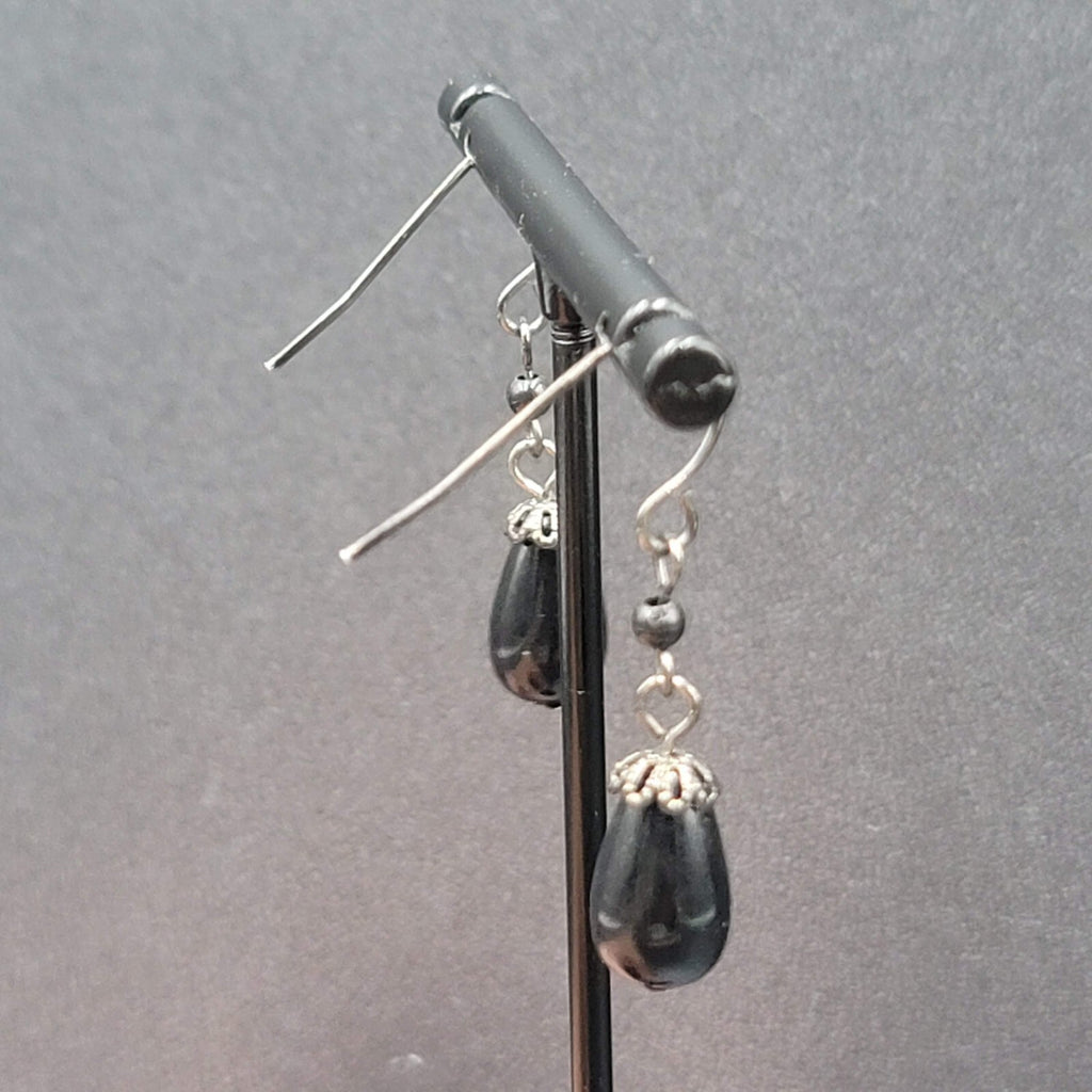Pierced Earrings Black Metal Capped Teardrop Bead 3/4"