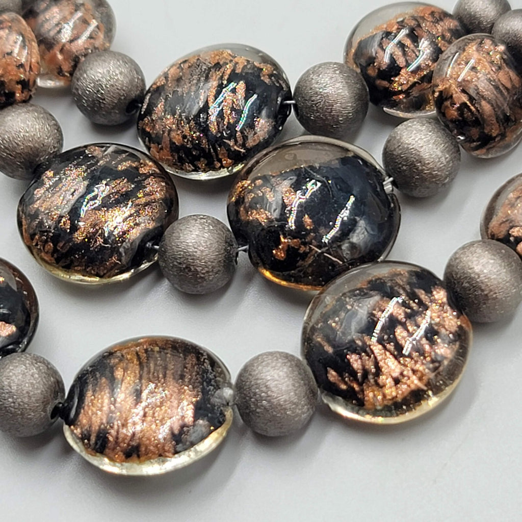 Chicos Necklace Gunmetal Gray Mesh Brown Dichroic Glass Beads 18"