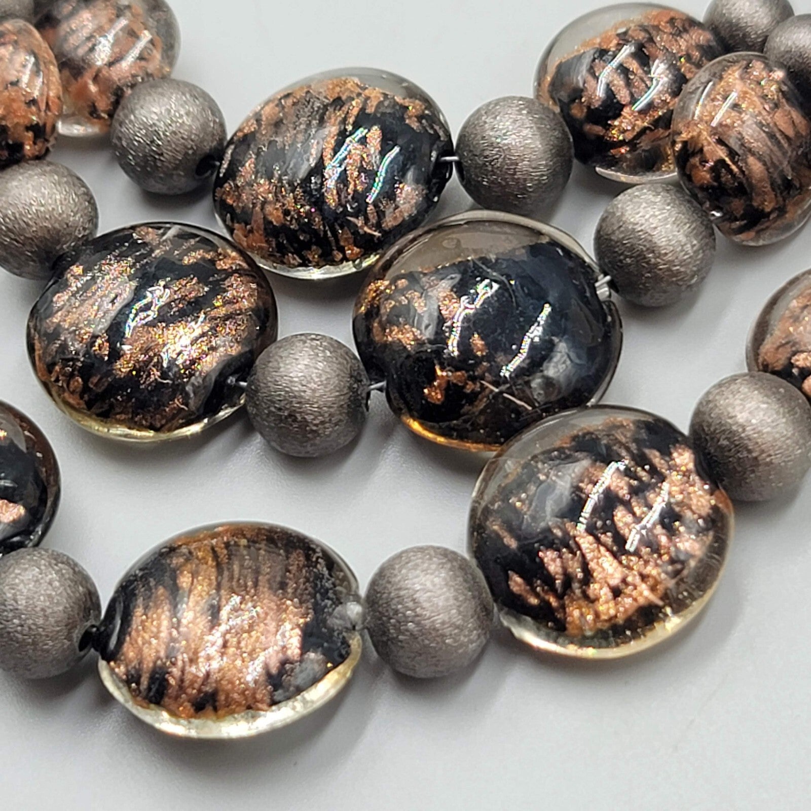 Chicos Necklace Gunmetal Gray Mesh Brown Dichroic Glass Beads 18"