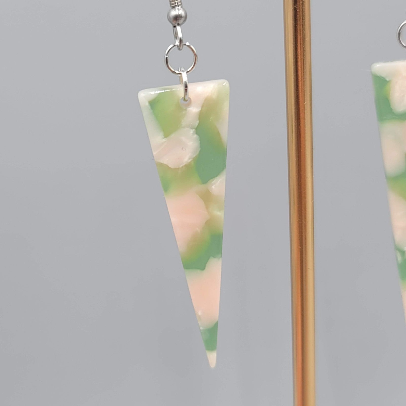Pink Green Resin Triangle Pierced Earrings Silver tone Dangle  2 in