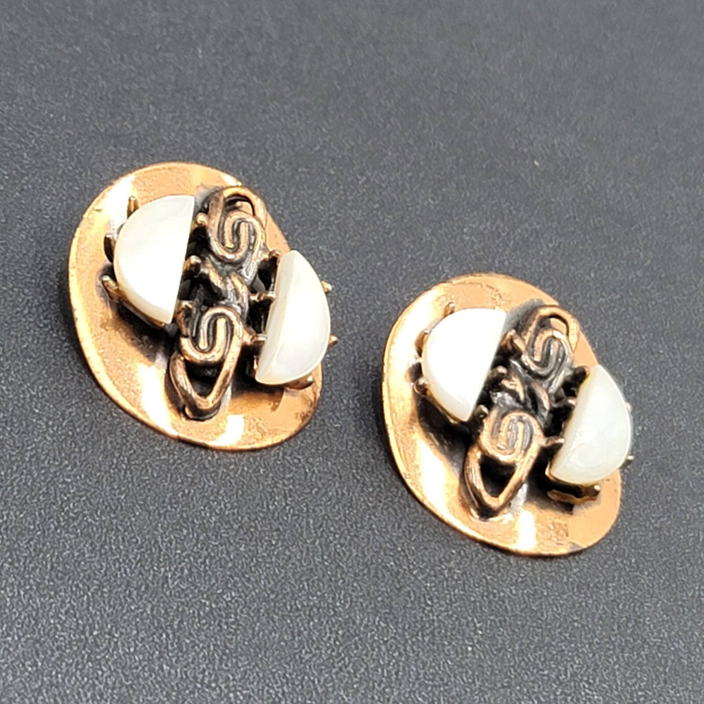 Vintage Clip on Earrings Copper Plated Mother of Pearl Accents Modernist 1.25"