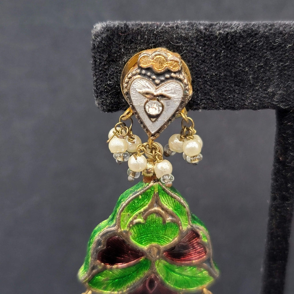 Clip on Earrings Large Enamel Guilloche Beaded Chandelier India Jewelry 2.75"