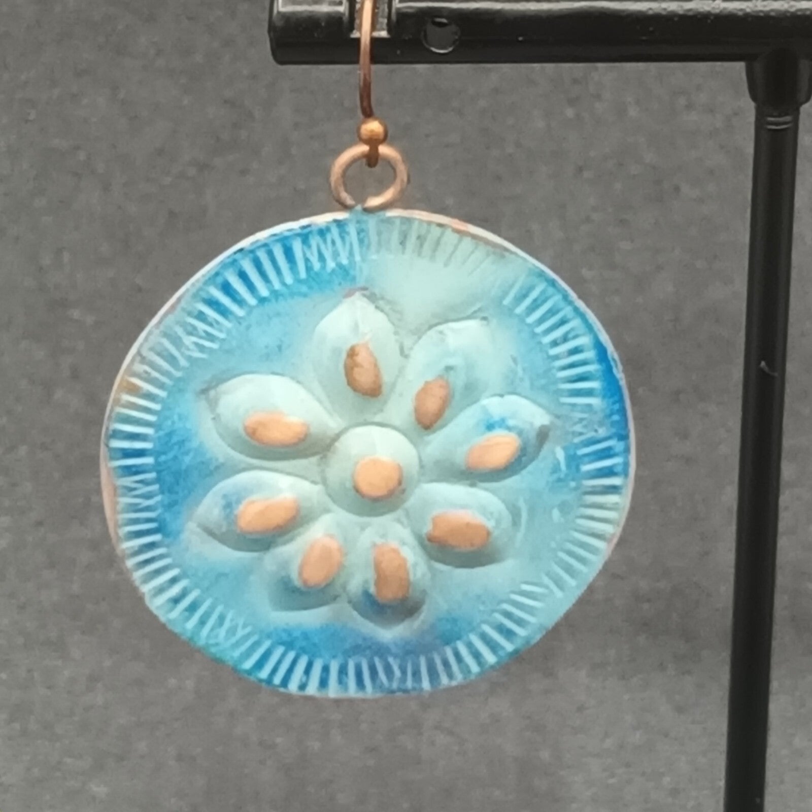 Pierced Earrings Copper tone Blue Enamel Flower Embossed Discs Dangle Boho 1.25"