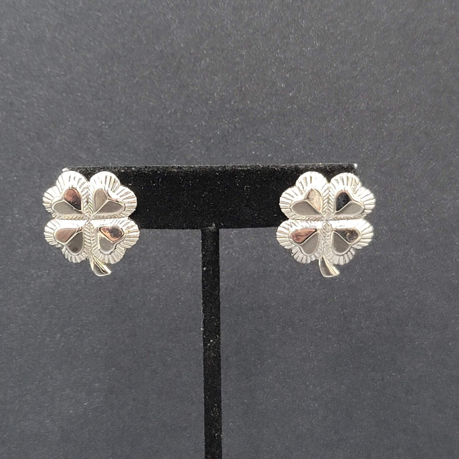 Vintage Pierced Earrings Shiny Silver tone 4 Leaf Shamrocks 1"