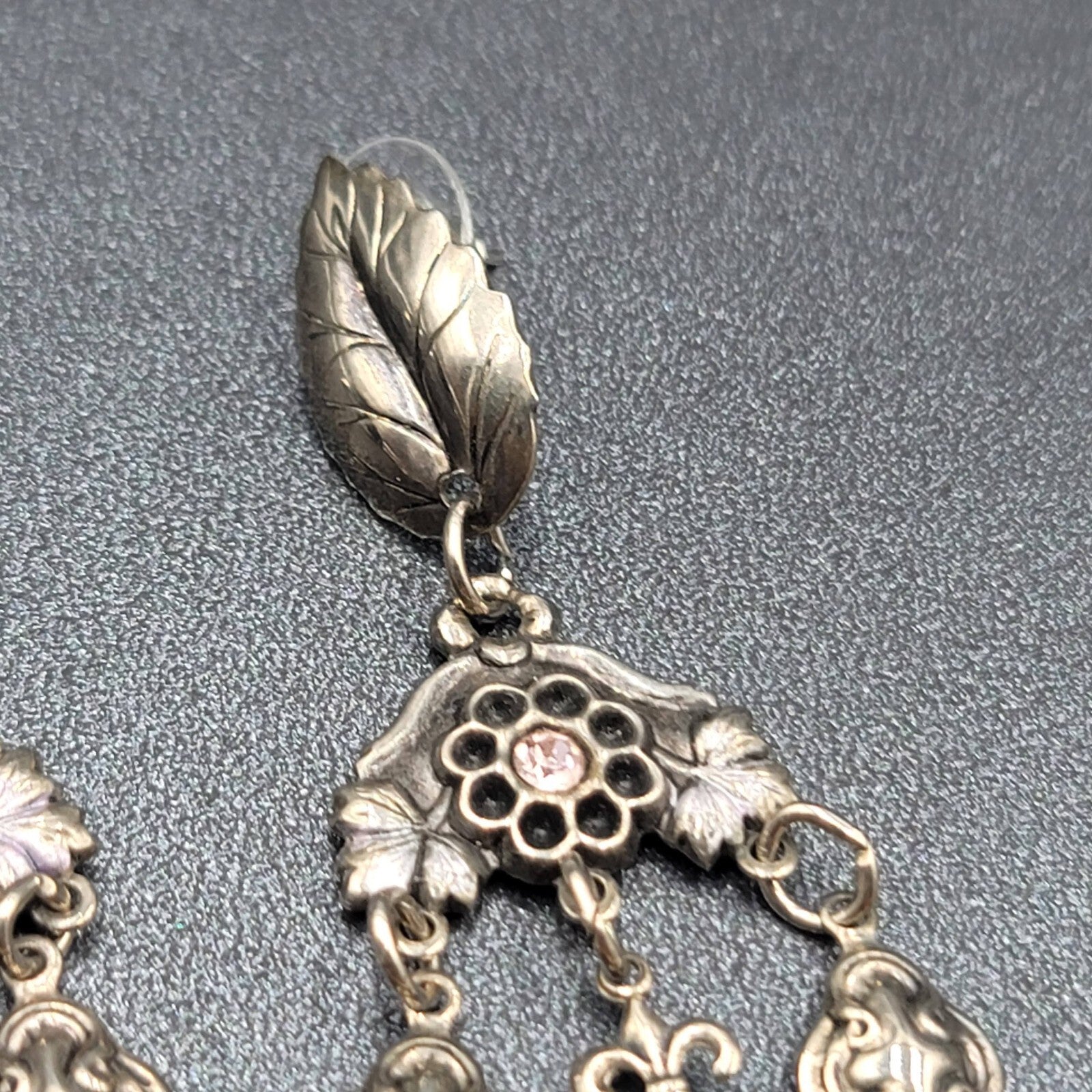 Vintage Pierced Earrings Silver tone Fruit Flowers Leaves Rhinestone 3"