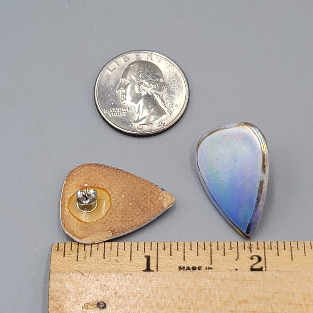 Vintage Ceramic Drop Pierced Earrings Blue Iridescent Enamel 1"