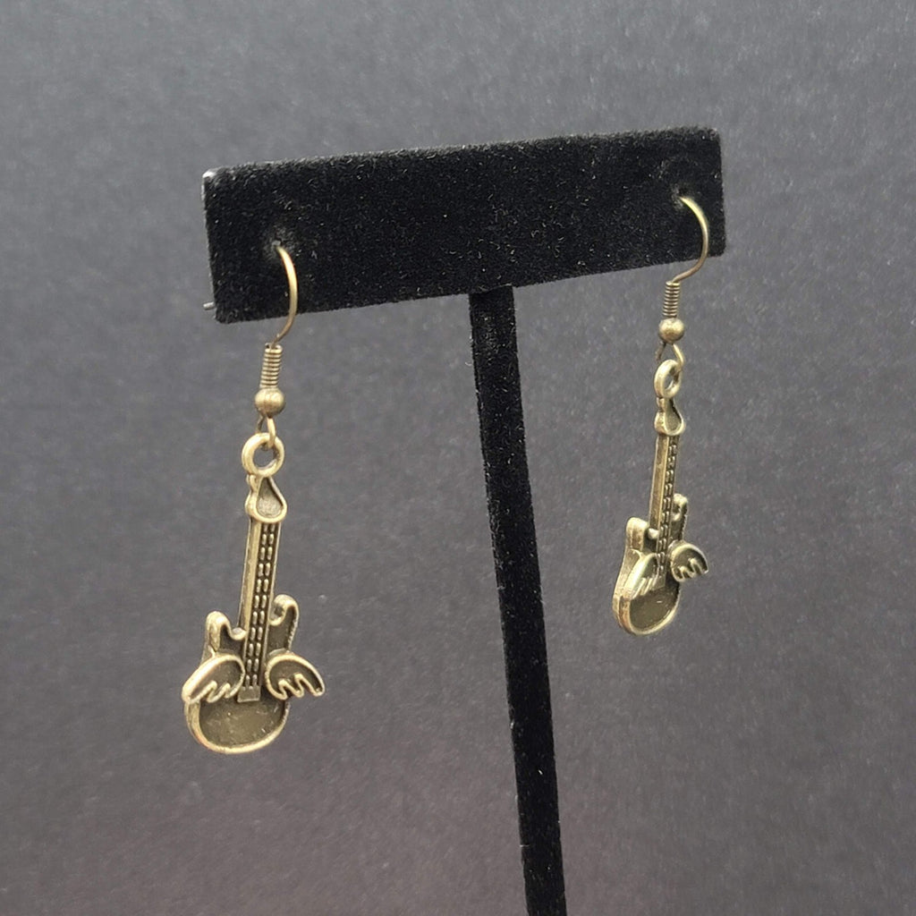 Pierced Earrings Bronze tone Embossed Winged Guitar Dangle 1.25"