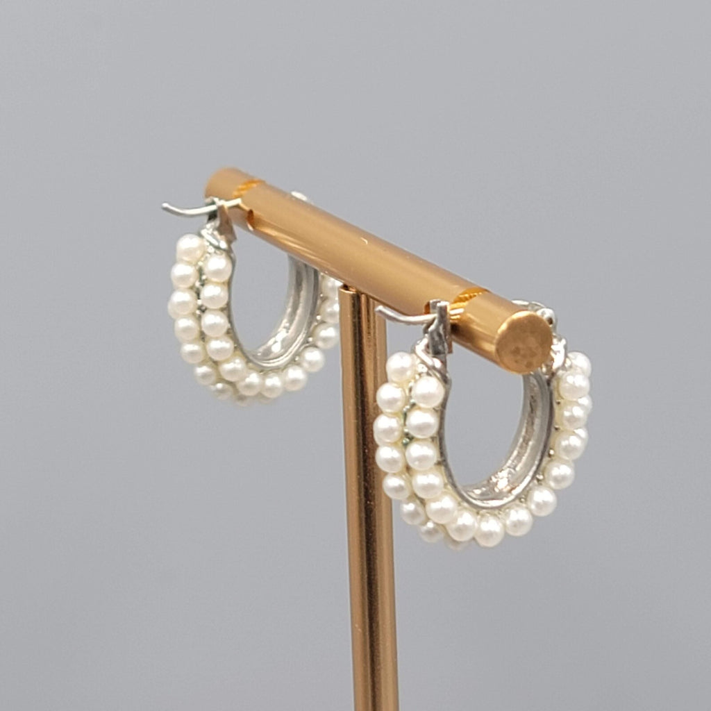 Hoop Pierced Earrings White Beaded Hoops Silver tone 3/4"