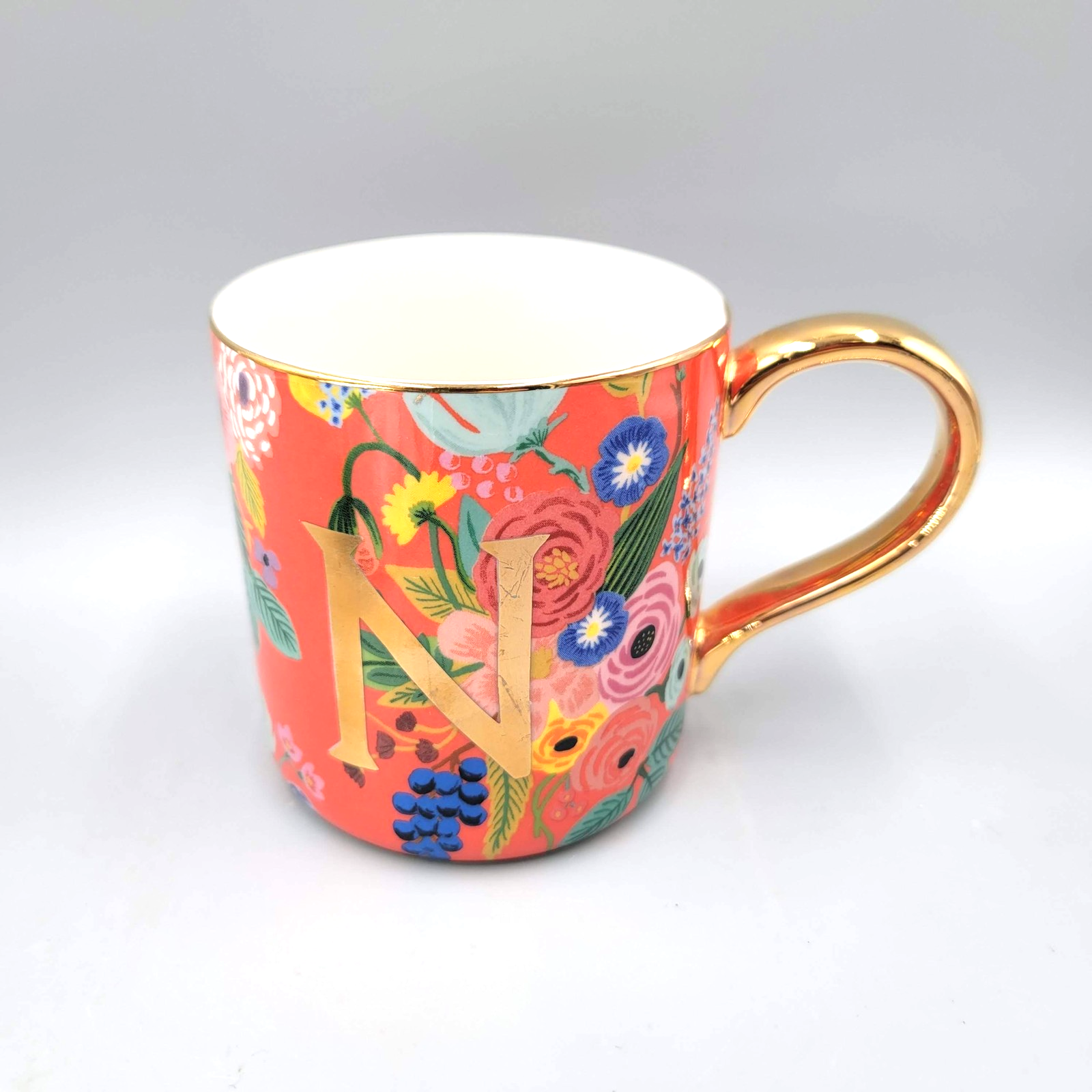 Rifle Paper Co Anthropologie Letter N Floral Mug Gold Handle Monogram Coffee Cup
