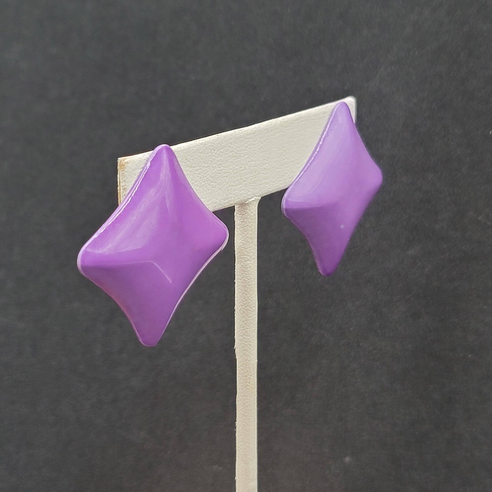 Vintage Pierced Earrings 80s Geometic Purple Enamel over Metal Drop 1 3/8"