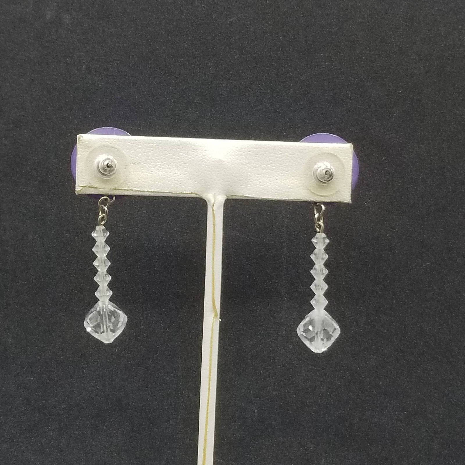 Pierced Earrings Purple Button Crystal Faceted Bead Statement Dangle 2"